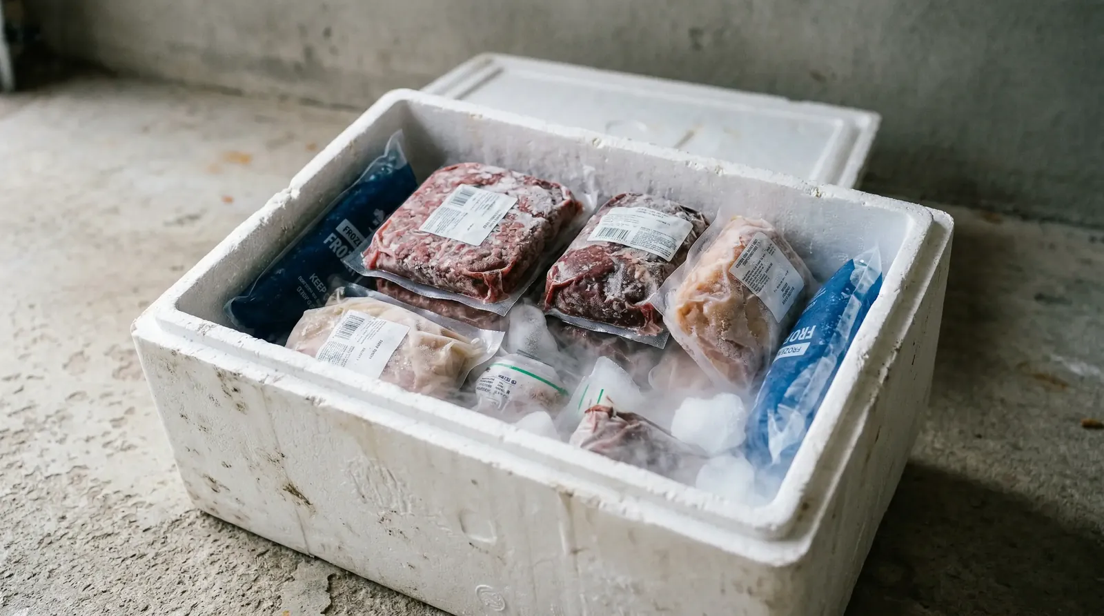 Tiefkühlbox mit Styropor und Kühlakkus für BARF-Lieferung