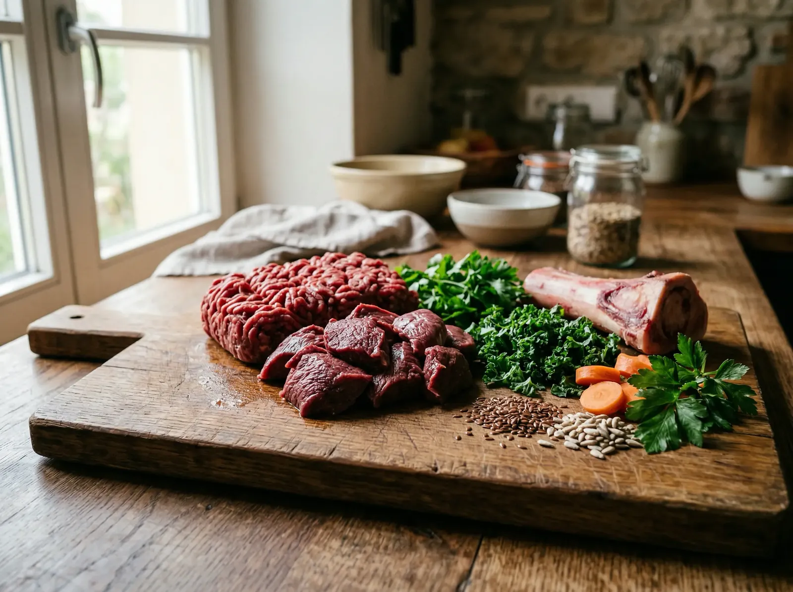 Frische BARF-Zutaten: Rohfleisch, Leber, Gemüse und Beeren für Hunde